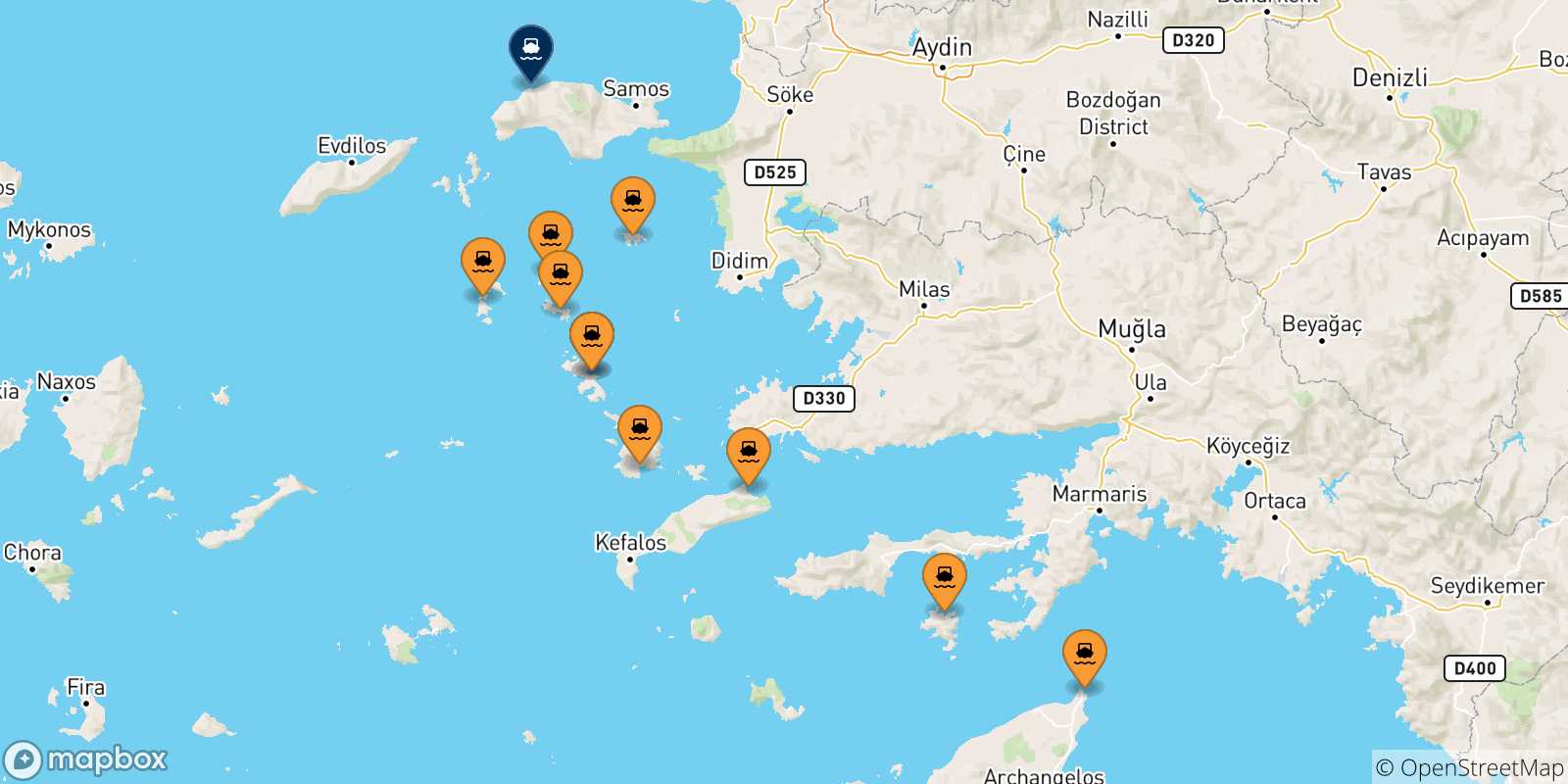 Mappa delle possibili rotte tra le Isole Dodecaneso e Pythagorio (Samos)