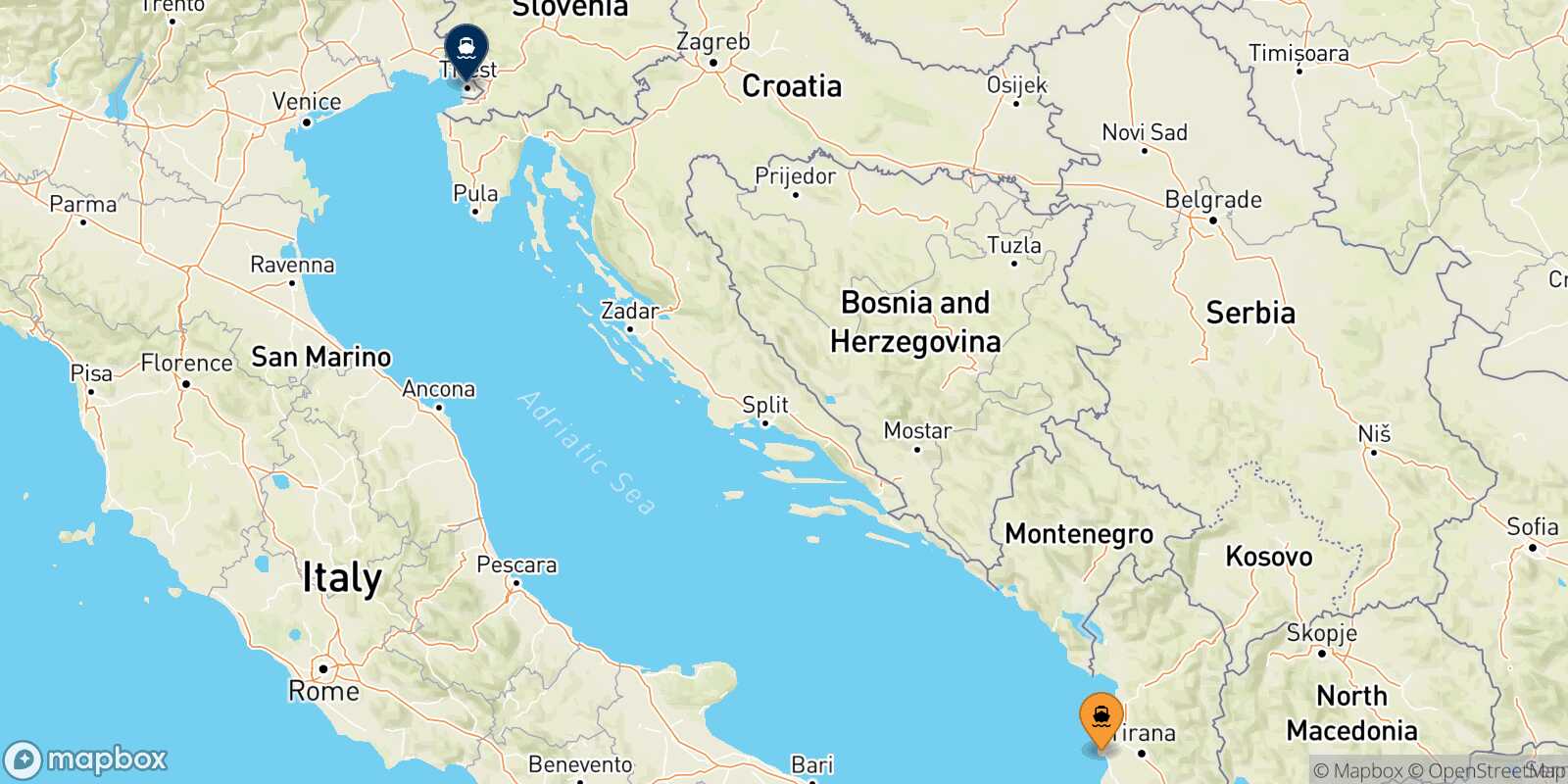 Mappa della rotta Durazzo Trieste