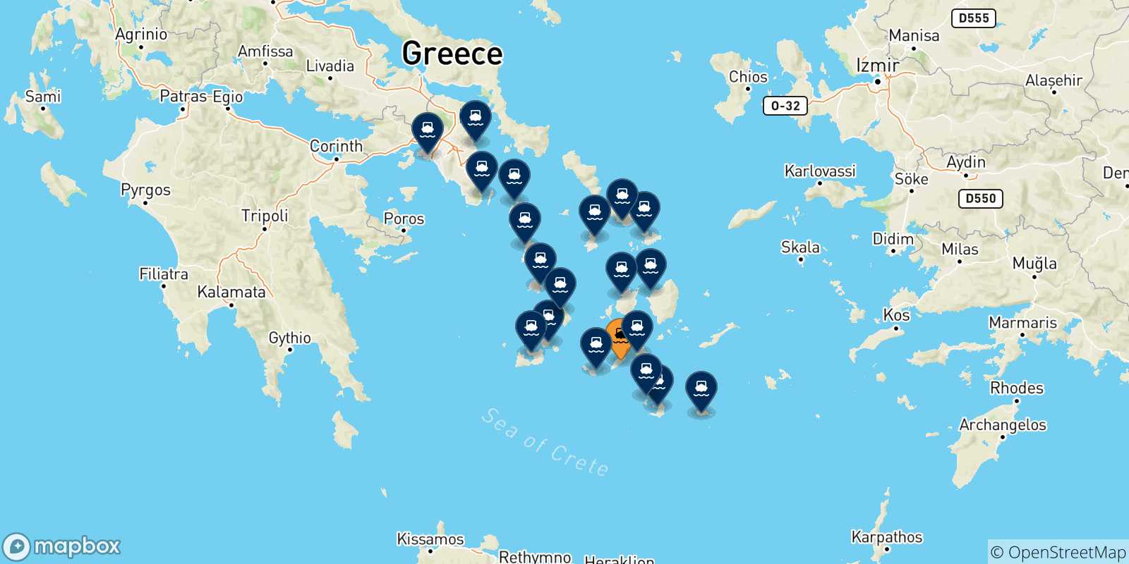Mappa delle possibili rotte tra Sikinos e la Grecia