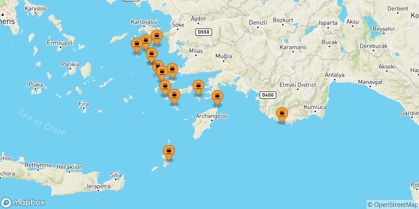 Mappa delle possibili rotte tra le Isole Dodecaneso e Lipsi