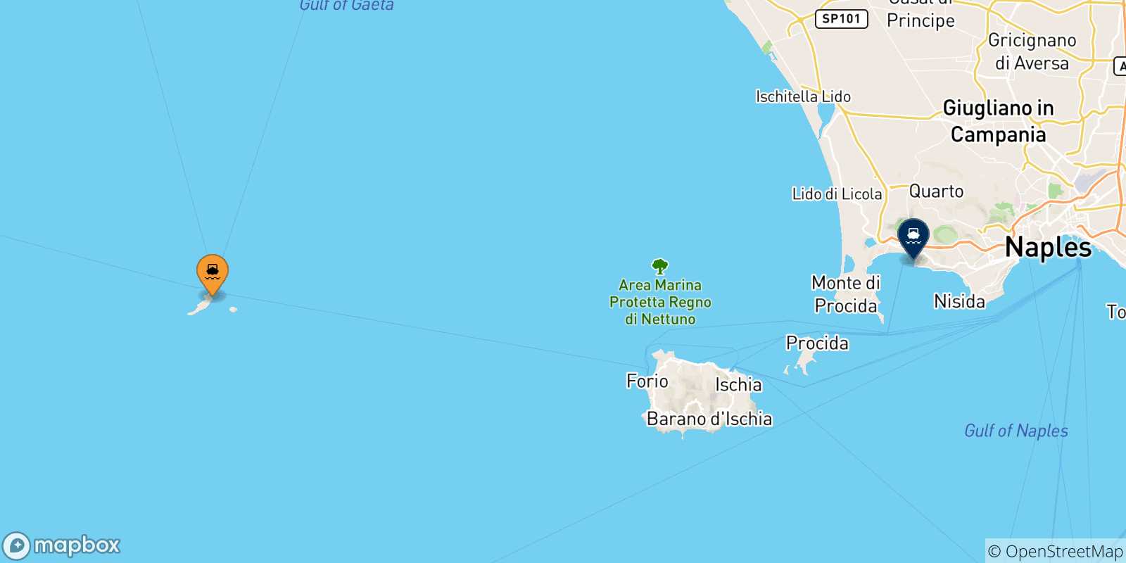 Mappa delle possibili rotte tra Ventotene e il Golfo Di Napoli