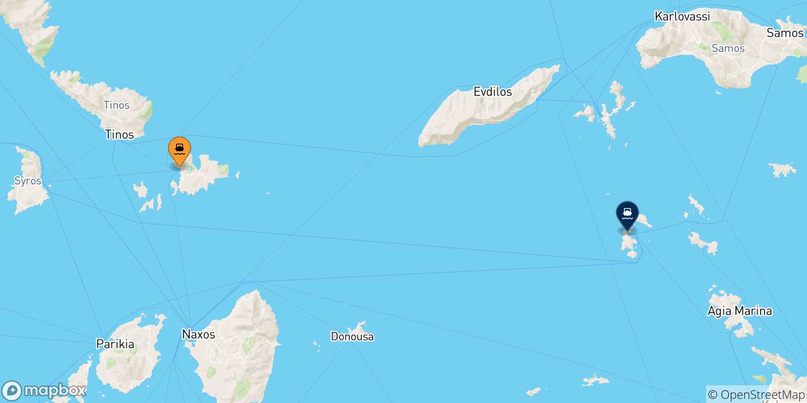 Mappa delle possibili rotte tra Mykonos e le Isole Dodecaneso