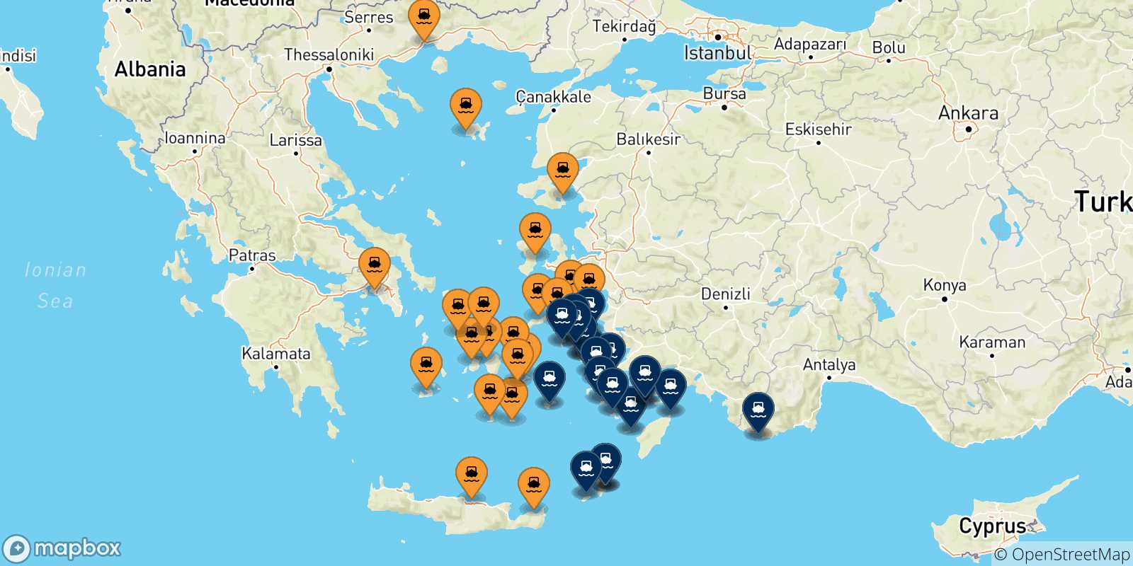 Mappa delle possibili rotte tra la Grecia e le Isole Dodecaneso