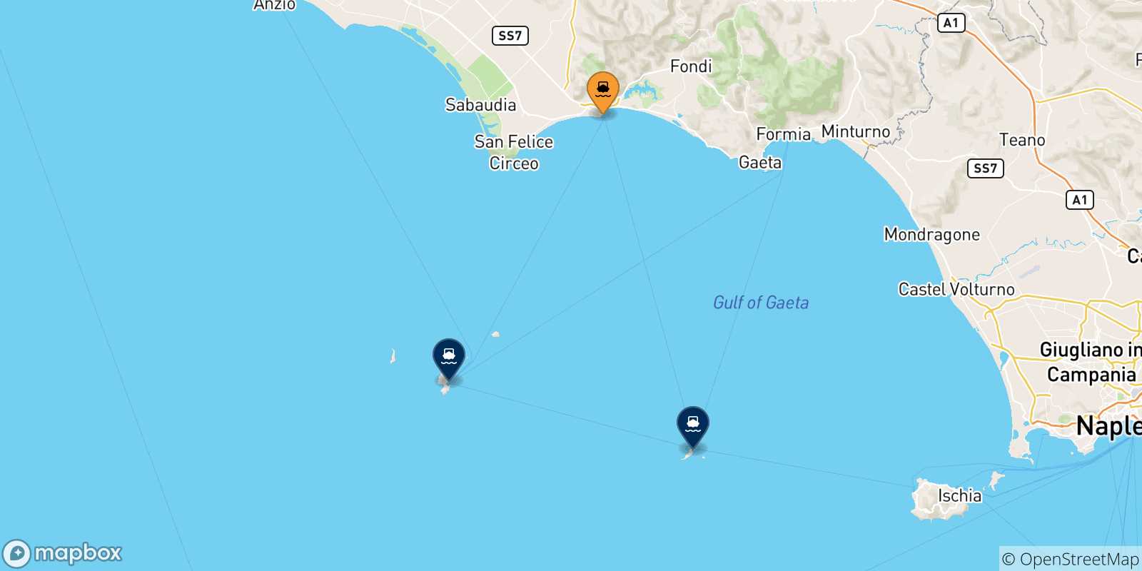 Mappa delle possibili rotte tra Terracina e le Isole Pontine