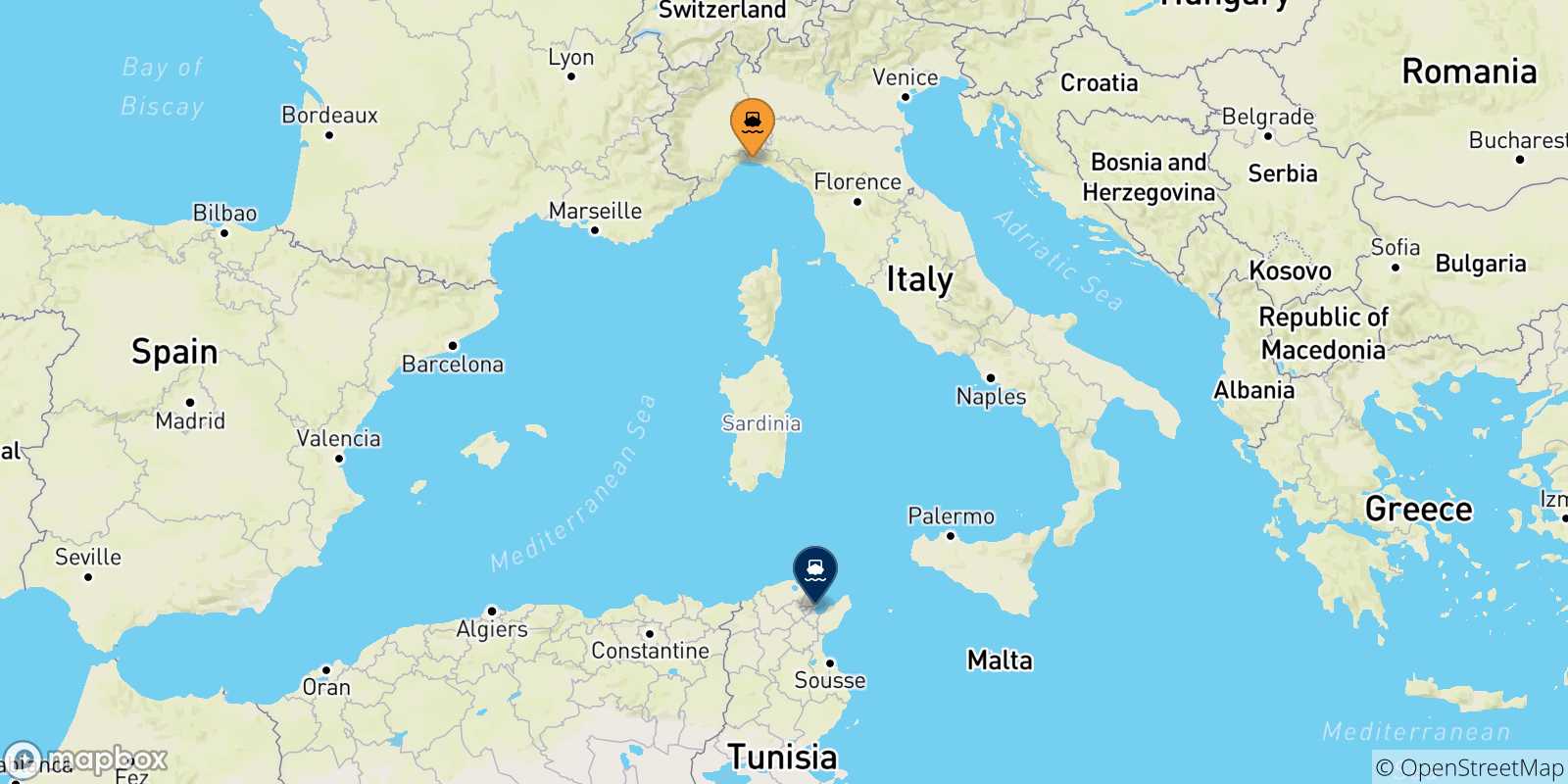 Mappa delle possibili rotte tra Genova e la Tunisia