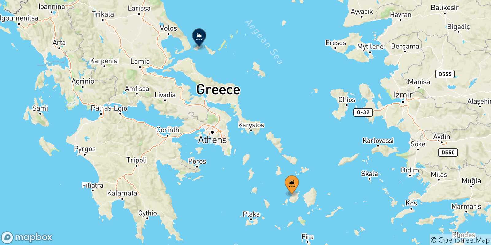 Mappa delle possibili rotte tra Paros e le Isole Sporadi