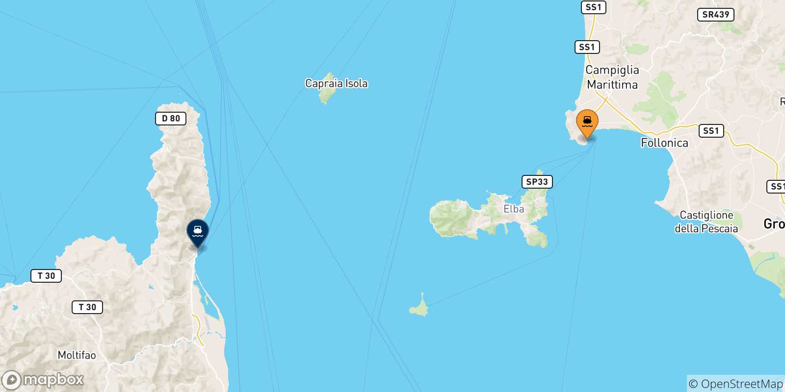Mappa delle possibili rotte tra Piombino e la Corsica