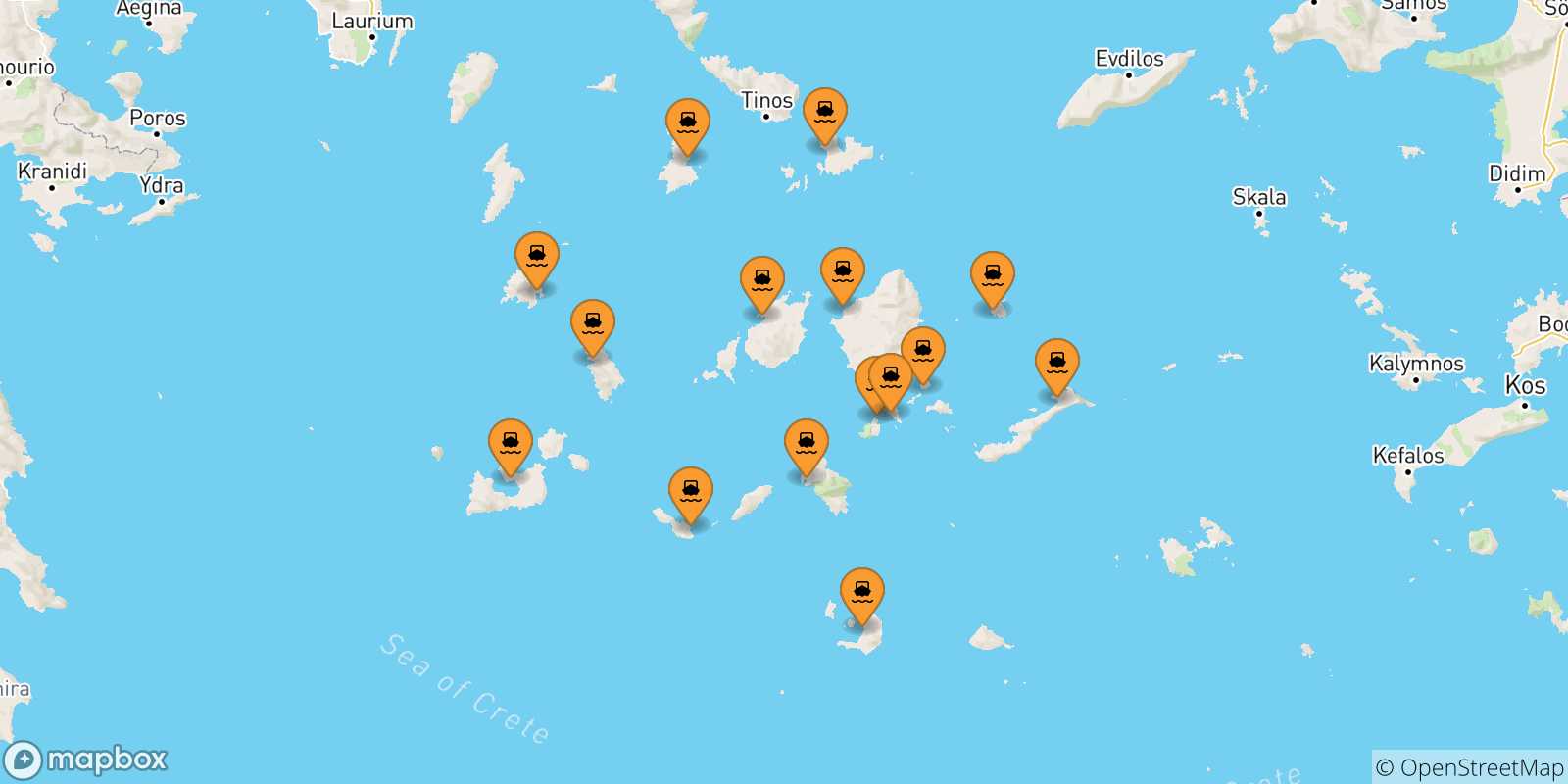 Mappa delle possibili rotte tra le Isole Cicladi e Katapola (Amorgos)