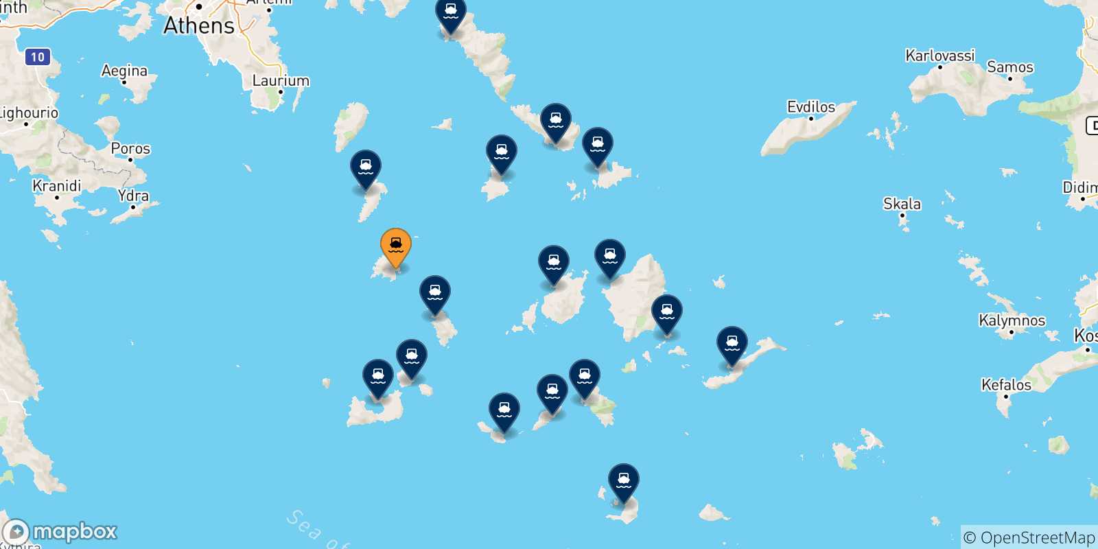 Mappa delle possibili rotte tra Serifos e le Isole Cicladi