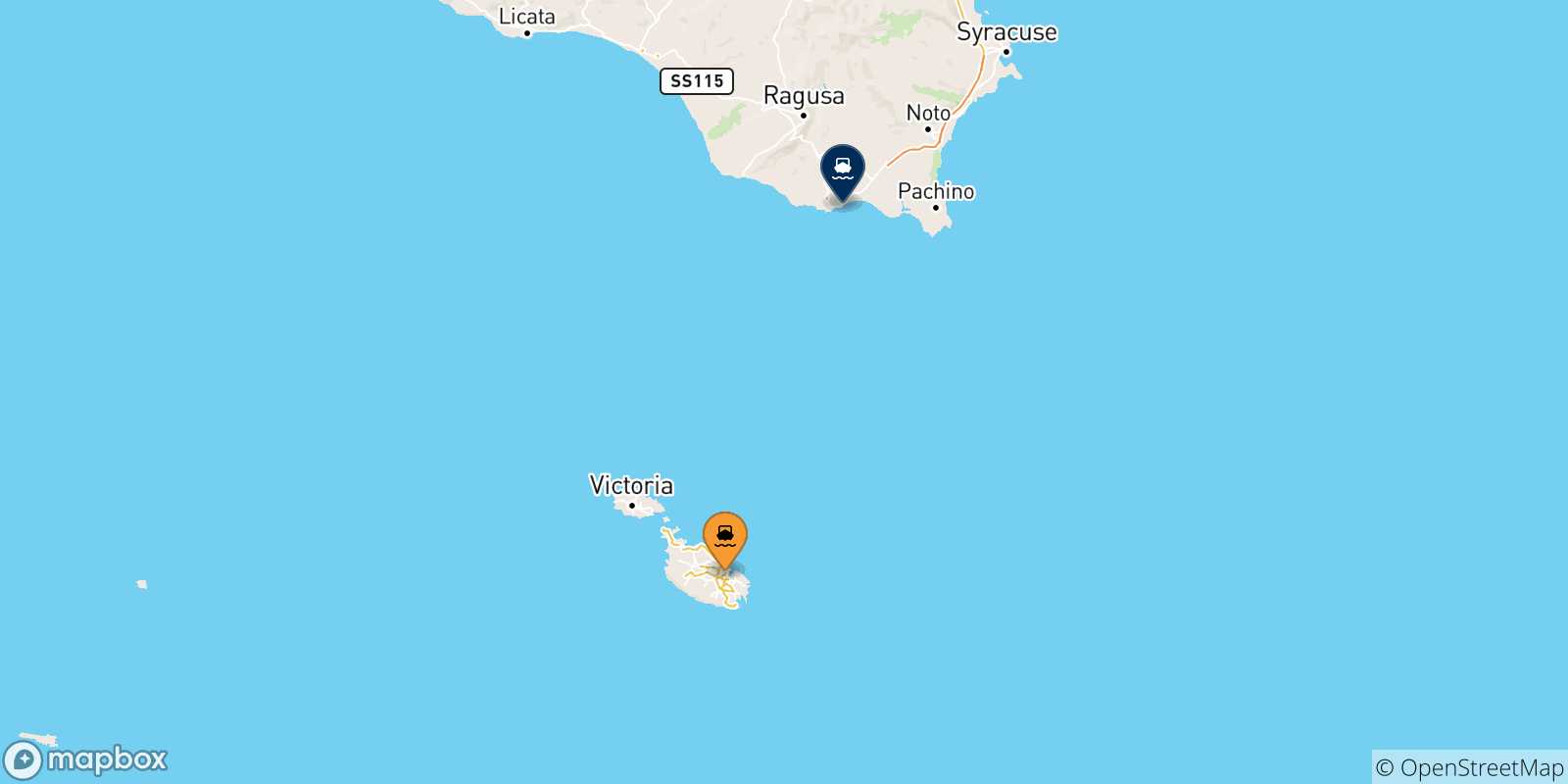 Mappa delle possibili rotte tra Malta e Pozzallo