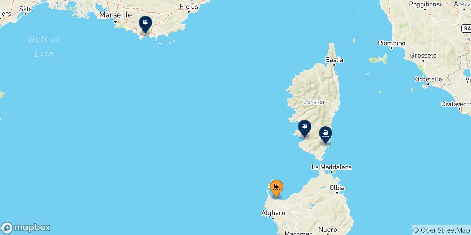 Mappa delle possibili rotte tra Porto Torres e la Francia