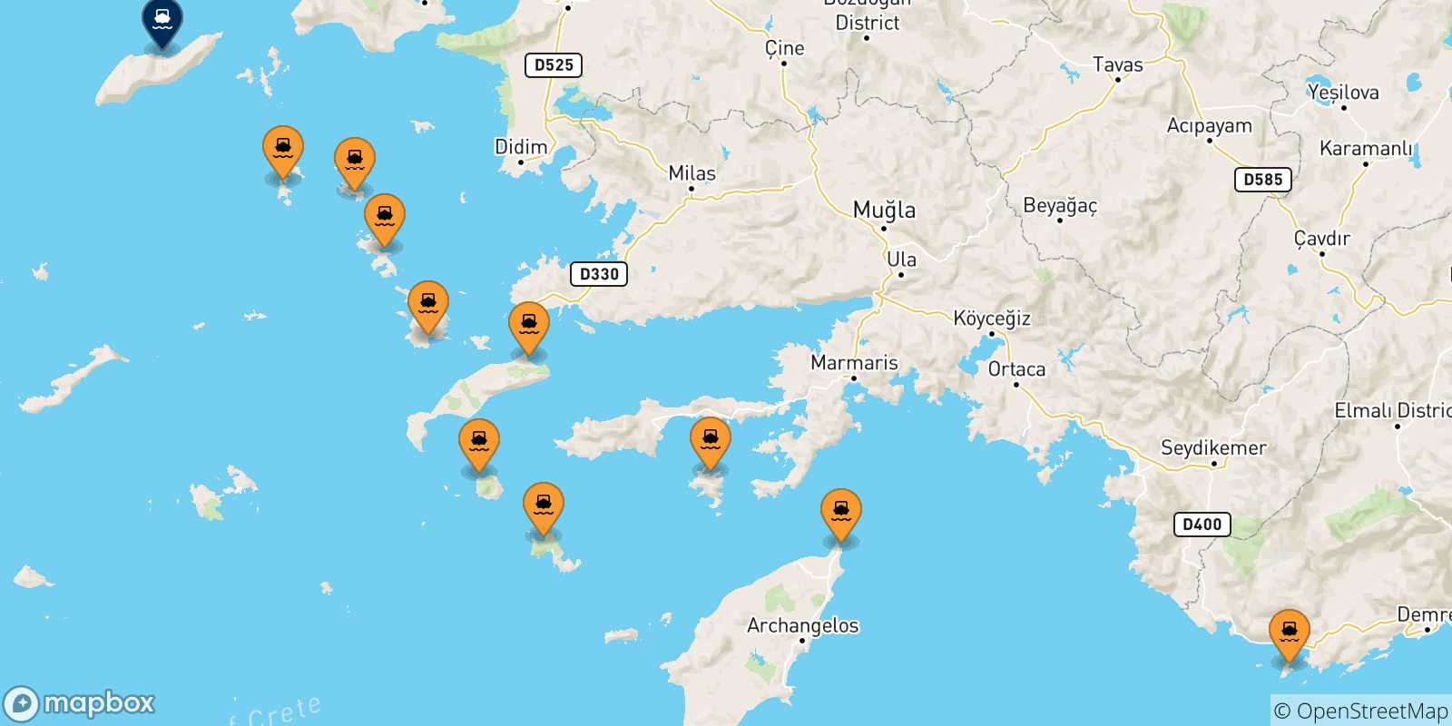 Mappa delle possibili rotte tra le Isole Dodecaneso e Agios Kirikos (Ikaria)
