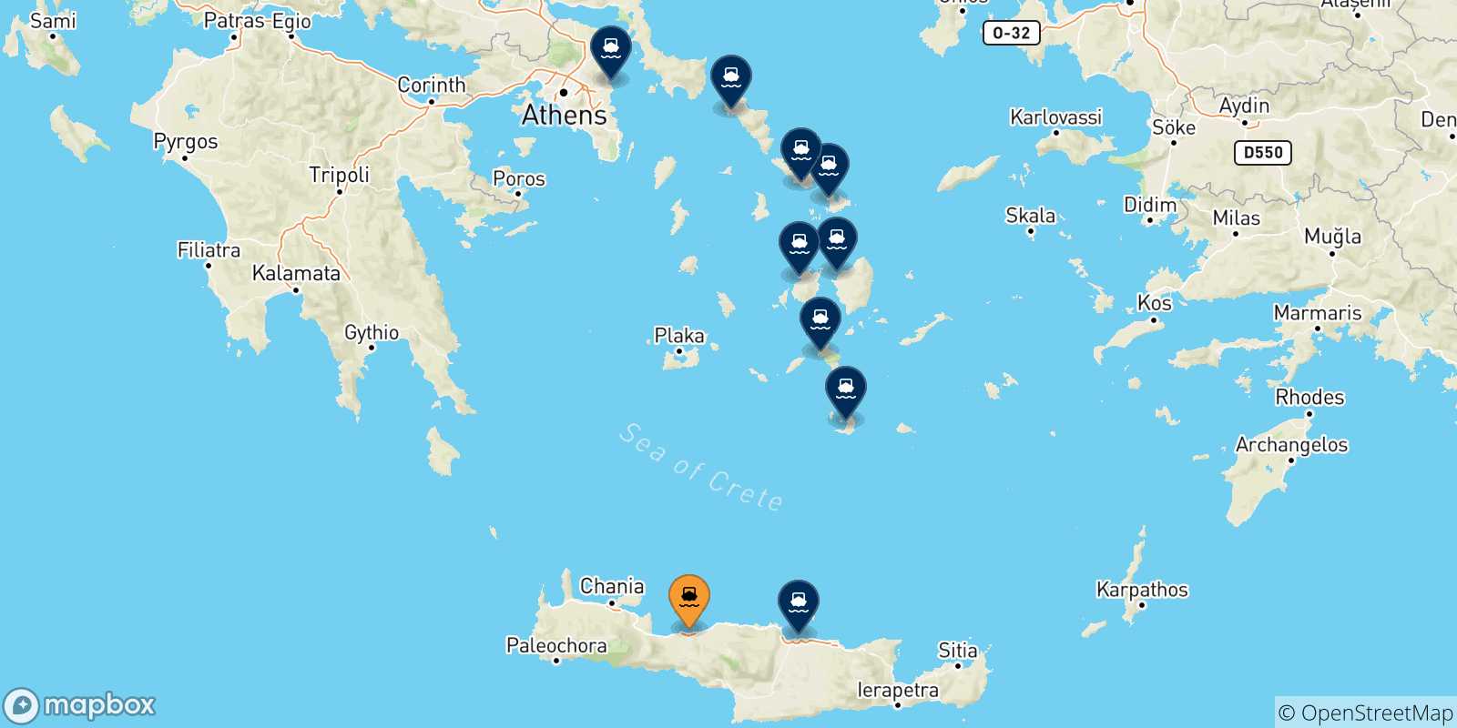 Mappa delle possibili rotte tra Rethimno e la Grecia