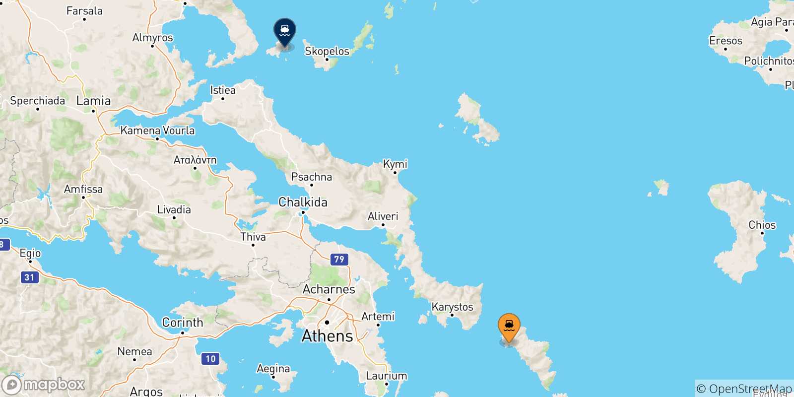 Mappa delle possibili rotte tra Andros e le Isole Sporadi