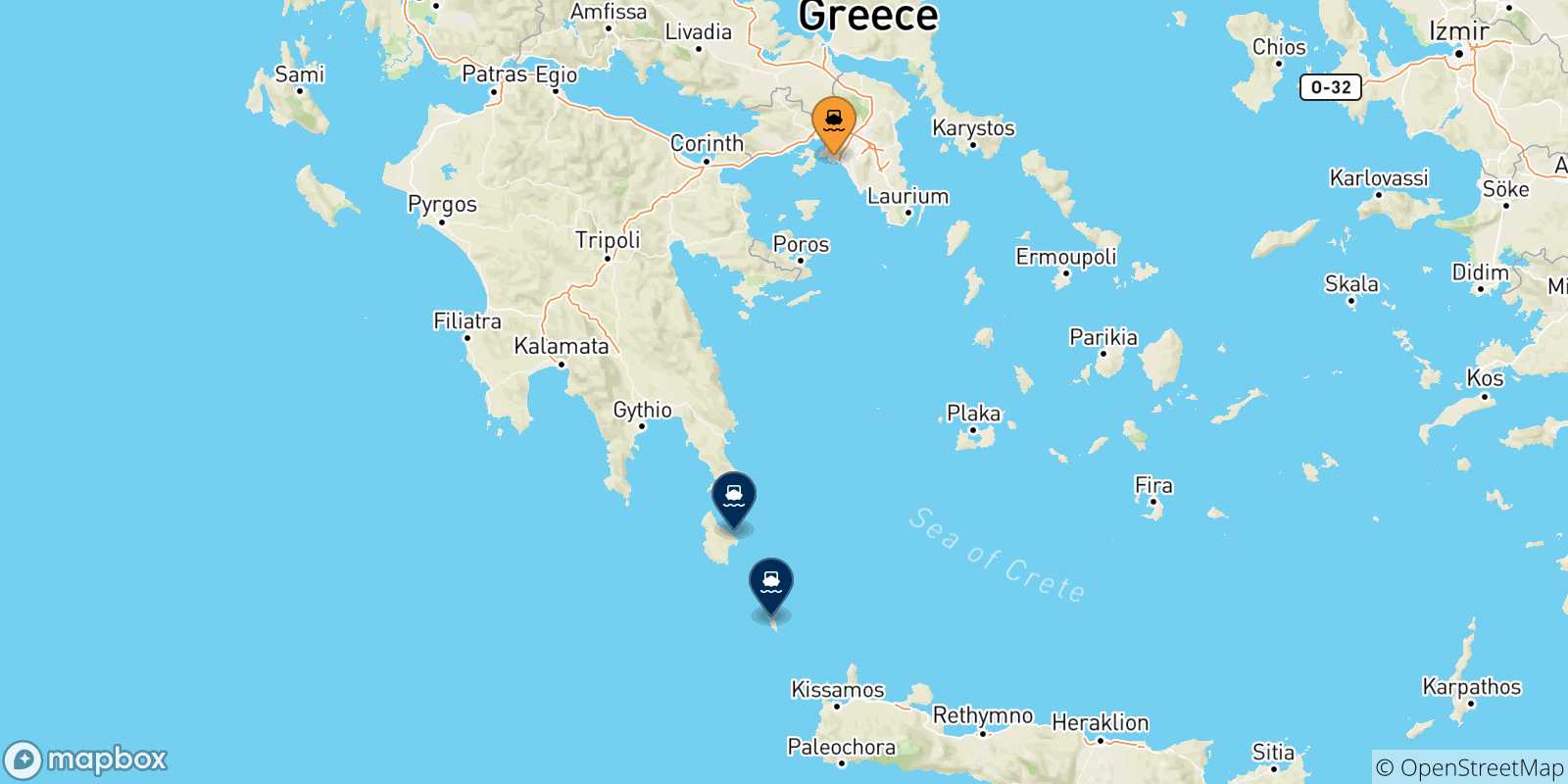 Mappa delle possibili rotte tra Pireo e le Isole Ionie