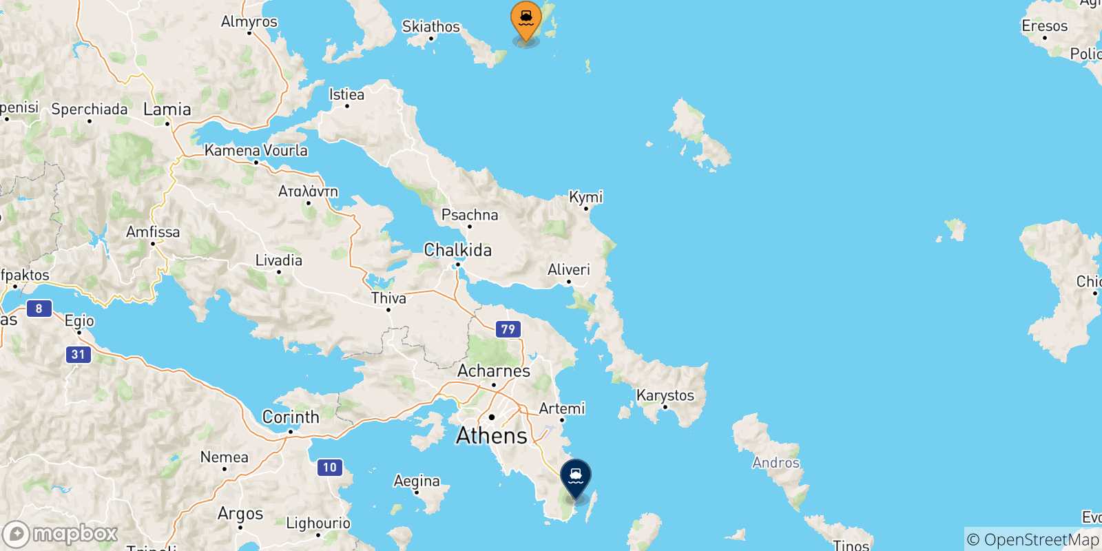 Mappa delle possibili rotte tra le Isole Sporadi e Lavrio