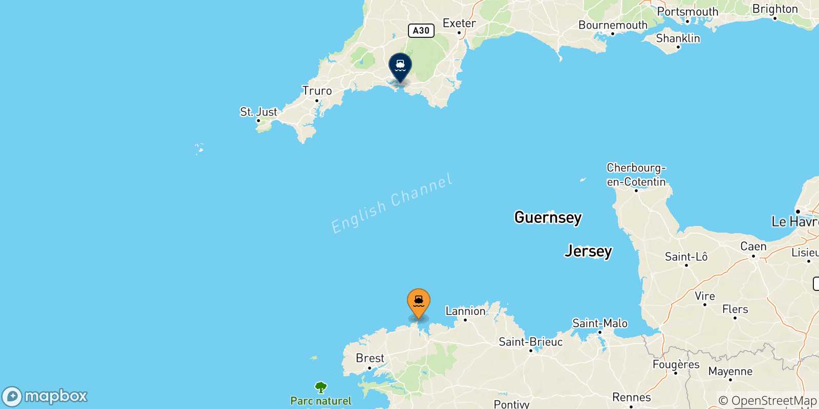Mappa delle possibili rotte tra Roscoff e il Regno Unito