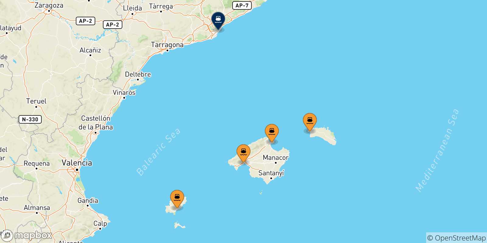 Mappa delle possibili rotte tra le Isole Baleari e Barcellona