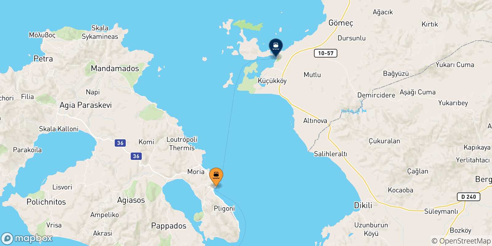 Mappa delle possibili rotte tra le Isole Egeo Nord Orientale e Ayvalik