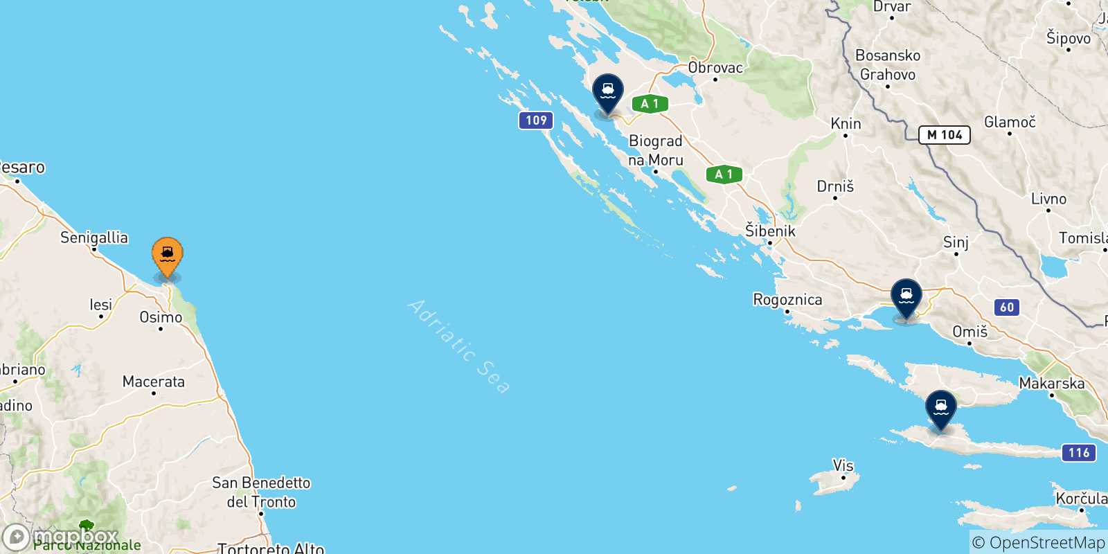 Mappa delle possibili rotte tra Ancona e la Croazia