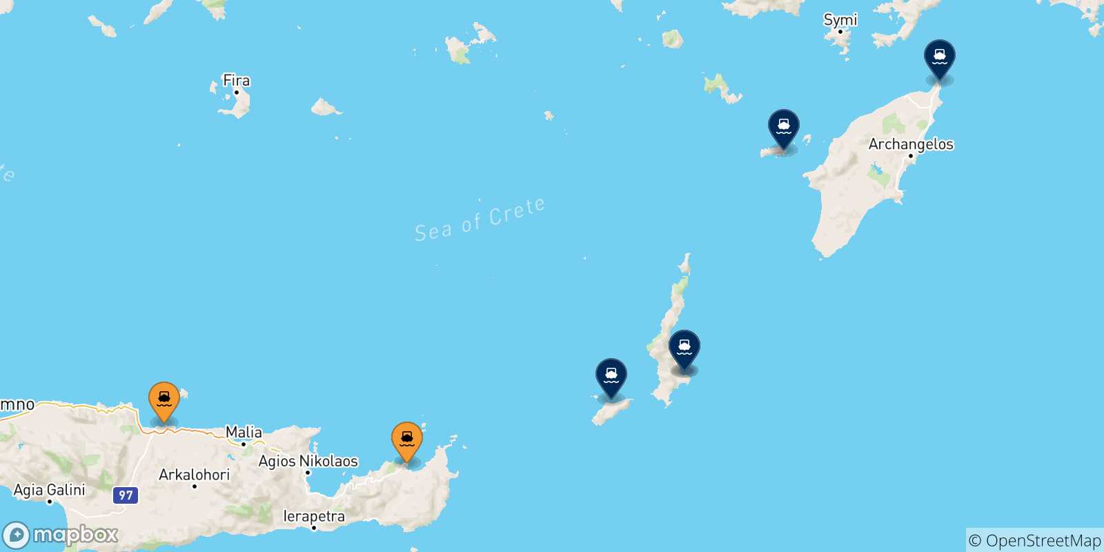 Mappa delle possibili rotte tra Creta e le Isole Dodecaneso