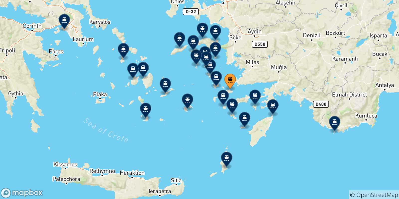 Mappa delle possibili rotte tra Kos e la Grecia