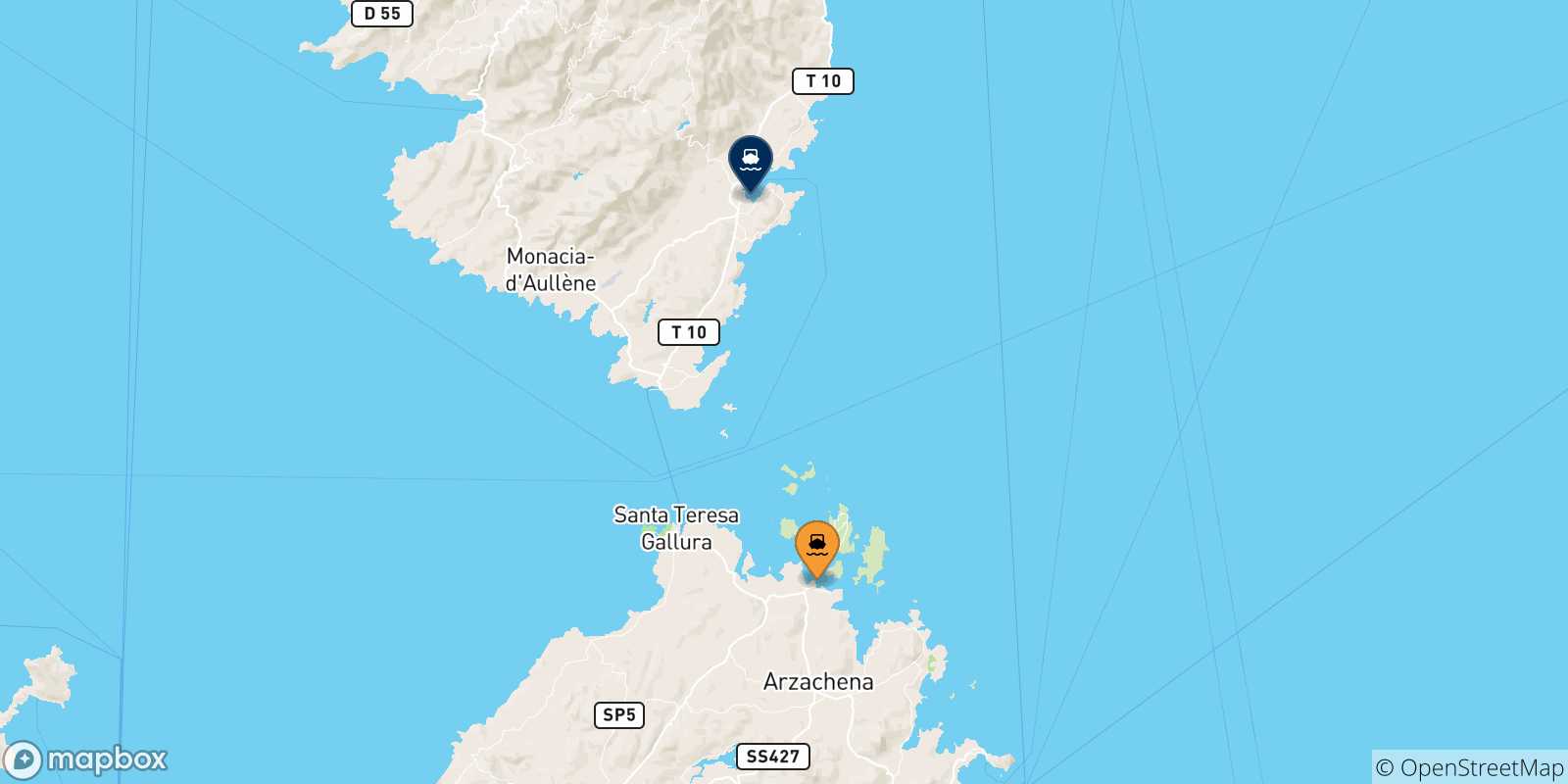 Mappa delle possibili rotte tra Golfo Aranci e la Corsica