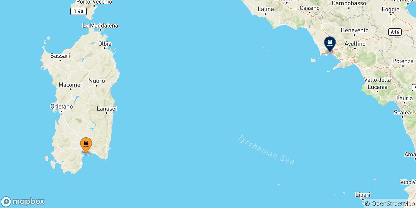 Mappa delle possibili rotte tra la Sardegna e Napoli