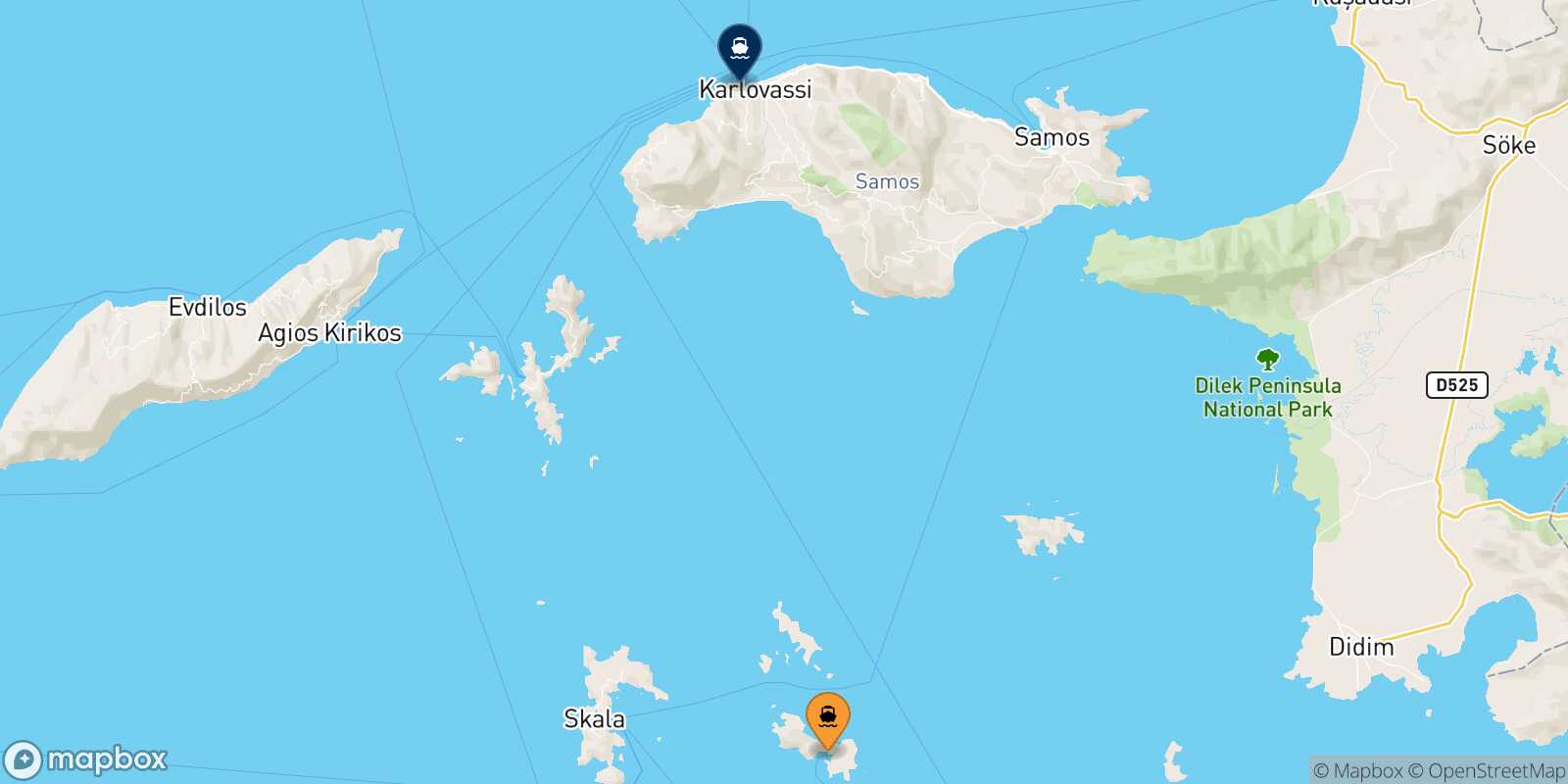 Mappa della rotta Lipsi Pythagorio (Samos)