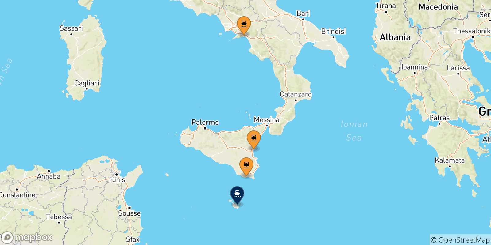 Mappa delle possibili rotte tra l'Italia e Malta