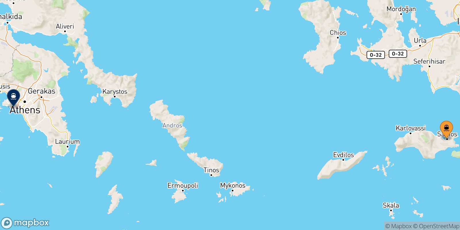 Mappa della rotta Vathi (Samos) Pireo