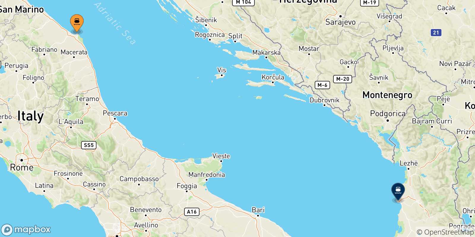 Mappa delle possibili rotte tra Ancona e l'Albania