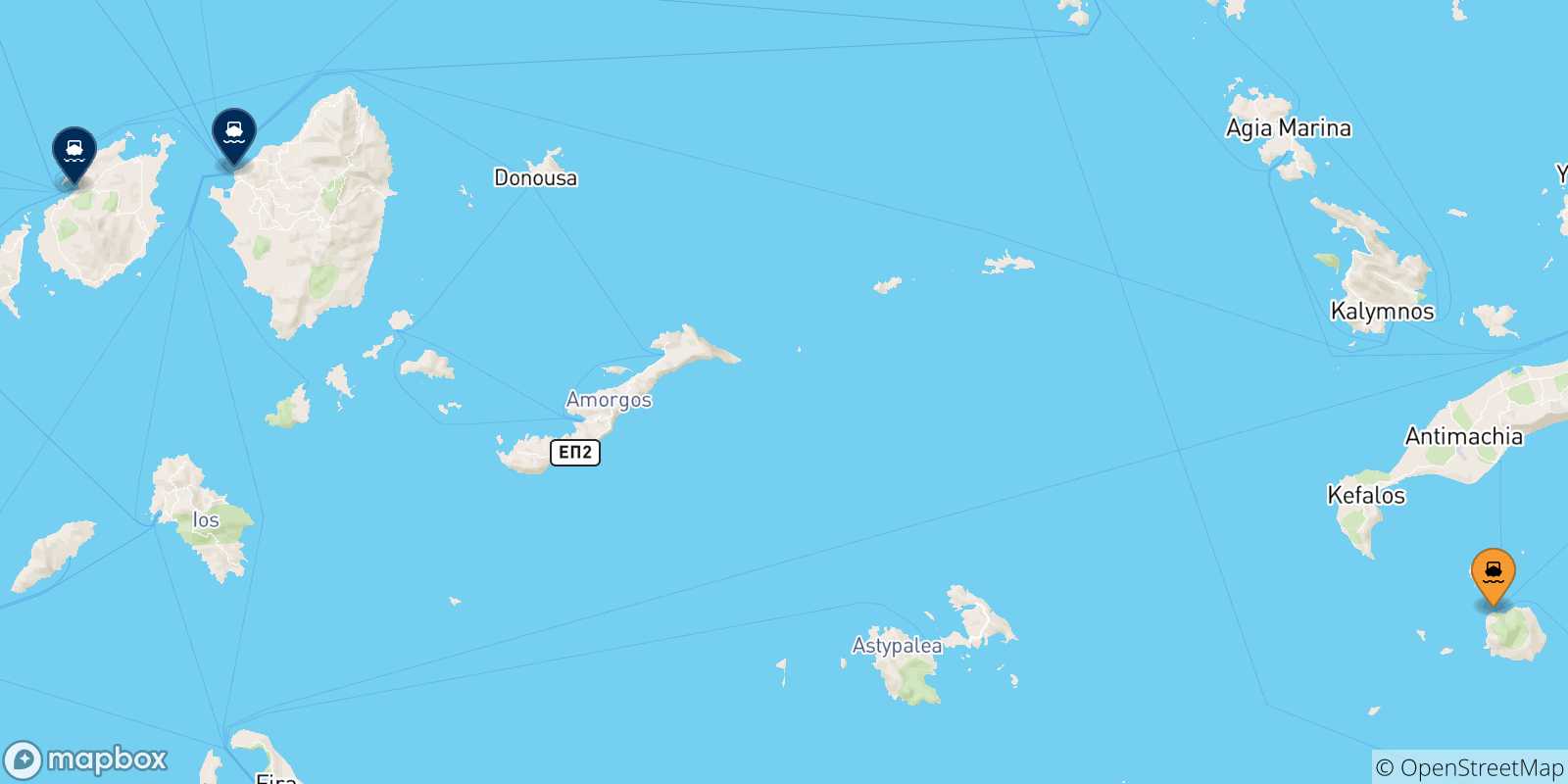 Mappa delle possibili rotte tra Nisyros e le Isole Cicladi