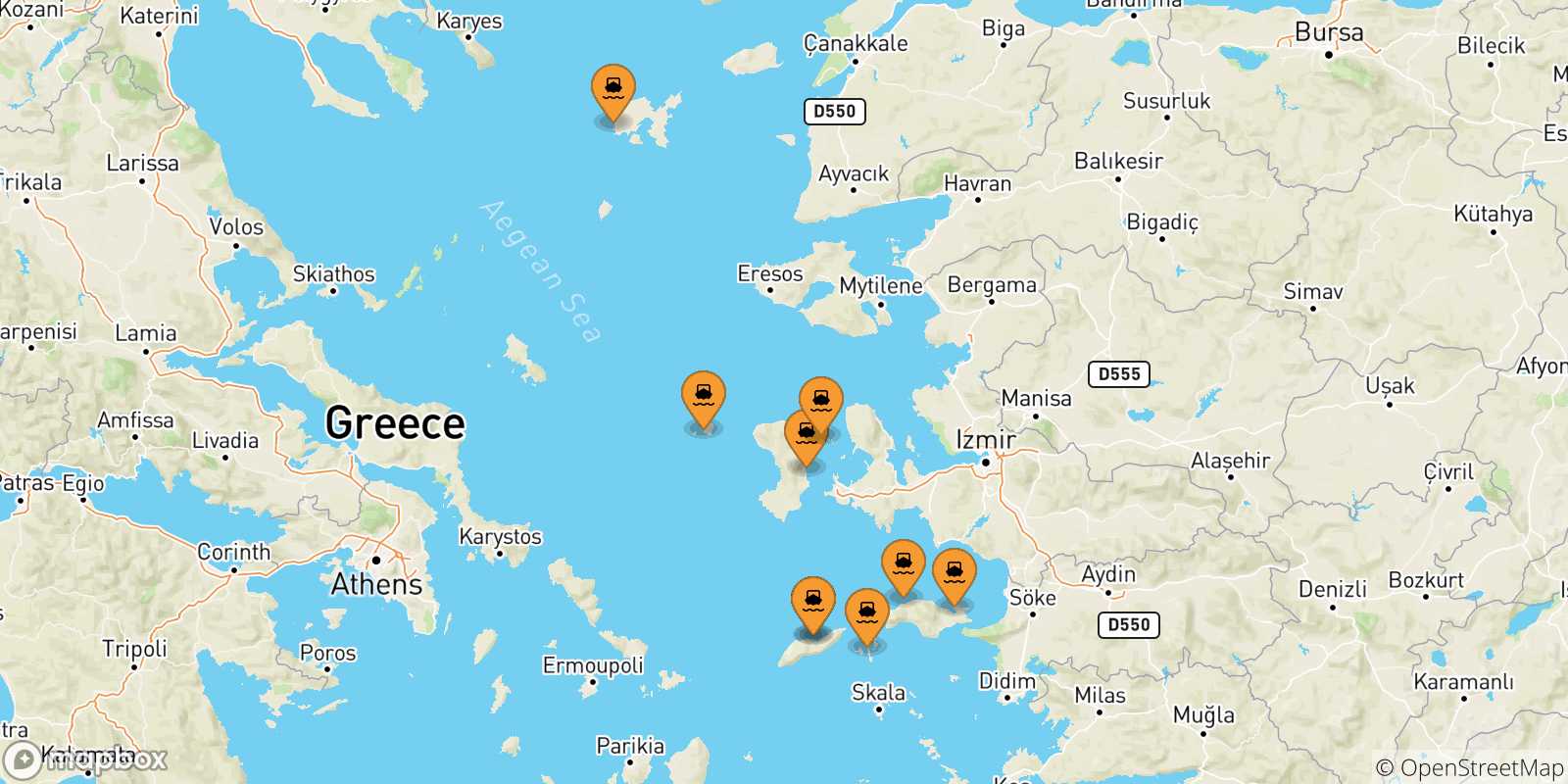 Mappa delle possibili rotte tra le Isole Egeo Nord Orientale e Mitilini (Lesvos)