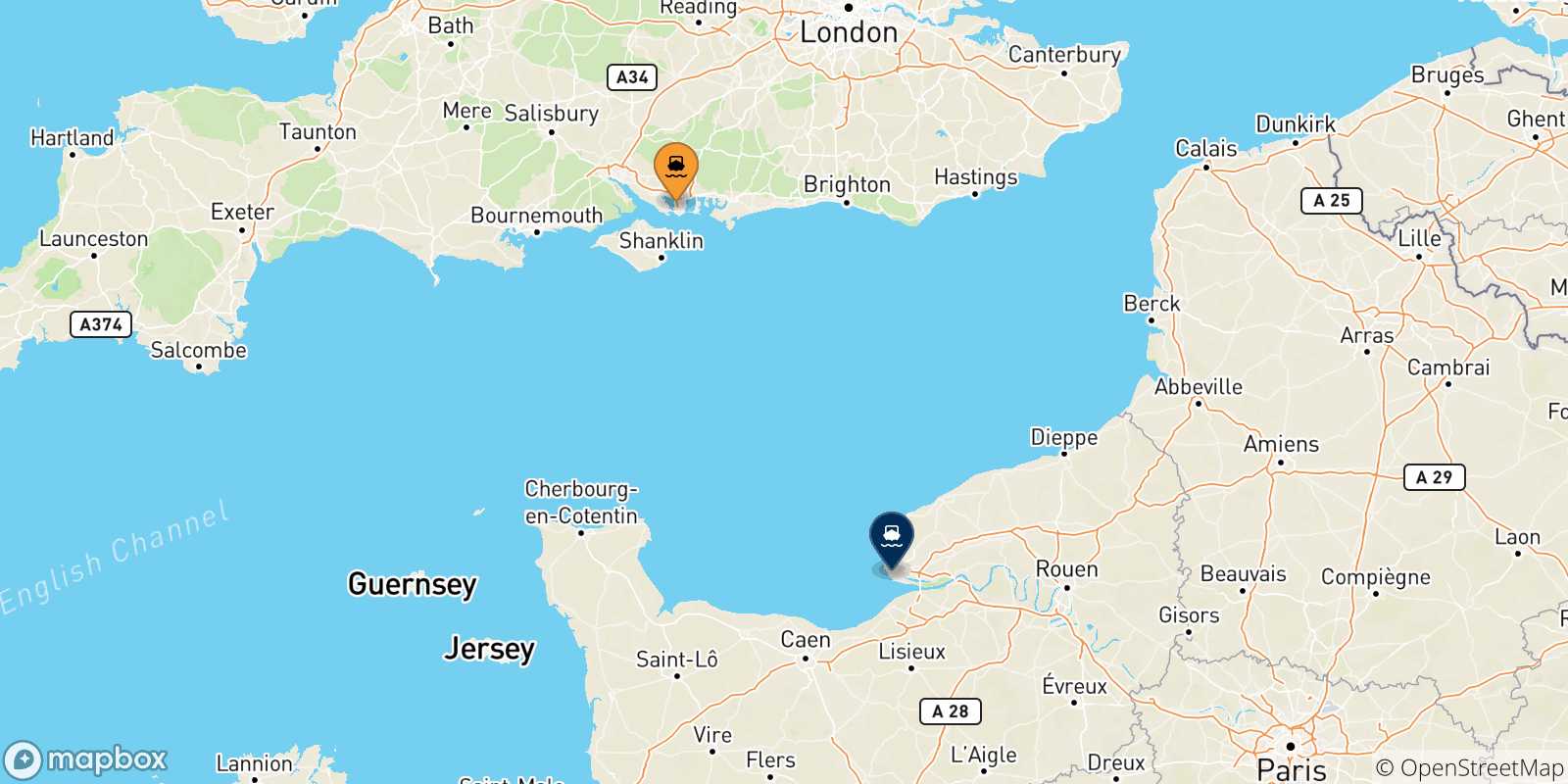 Mappa delle possibili rotte tra il Regno Unito e Le Havre