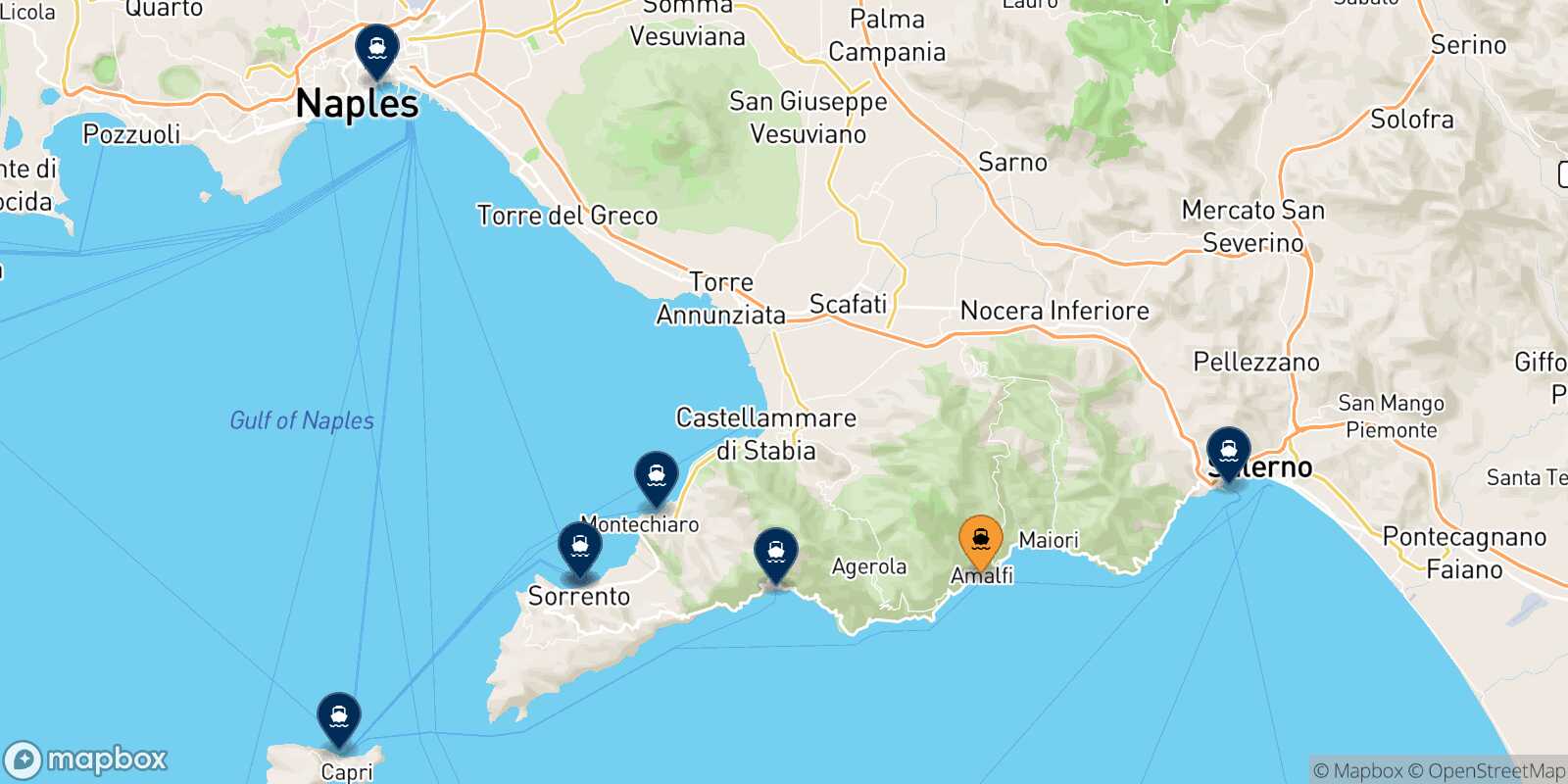 Mappa delle destinazioni raggiungibili da Amalfi