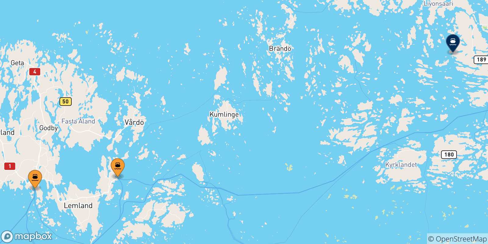 Mappa delle possibili rotte tra la Finlandia e Turku