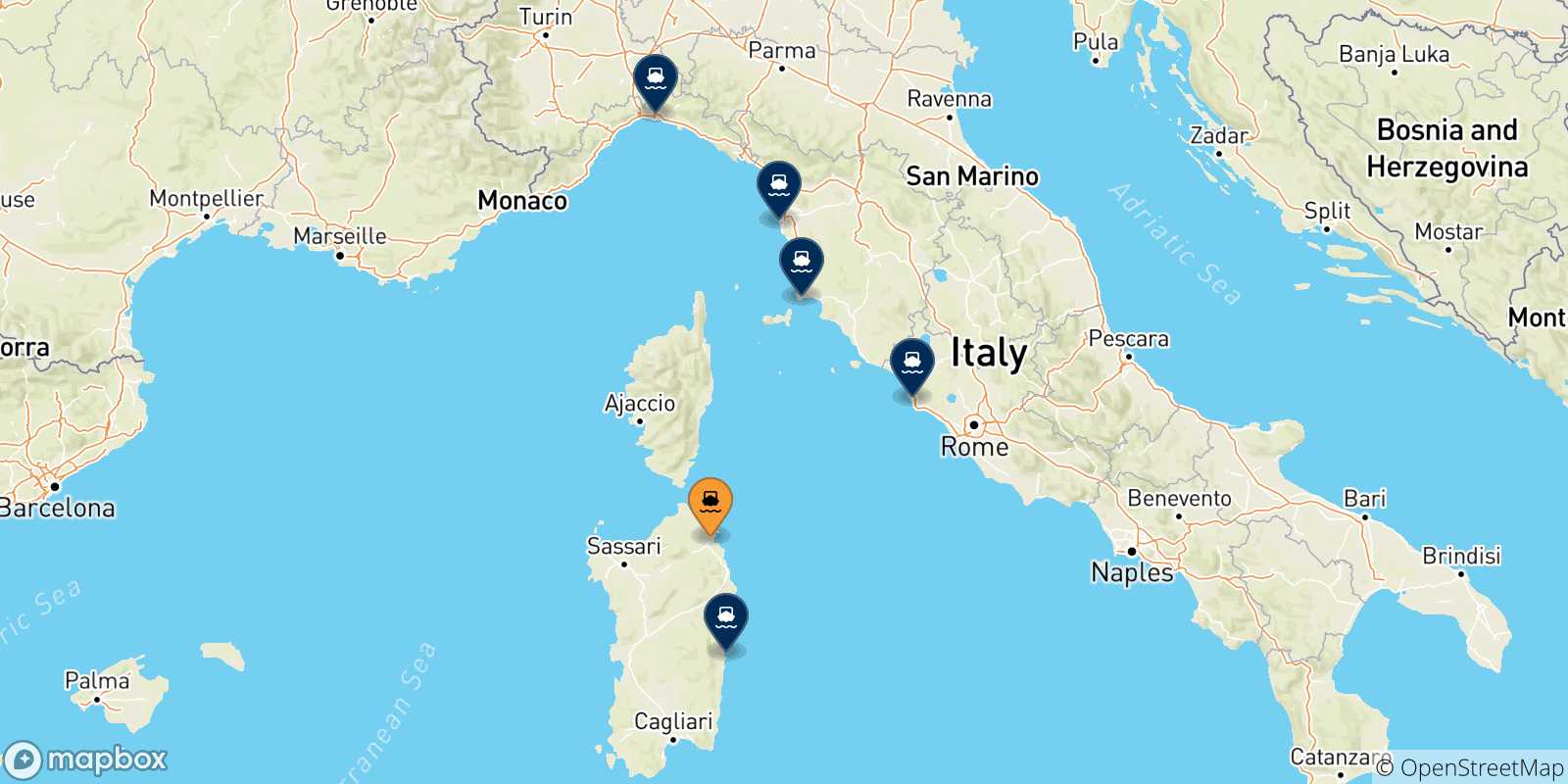 Mappa delle possibili rotte tra Olbia e l'Italia