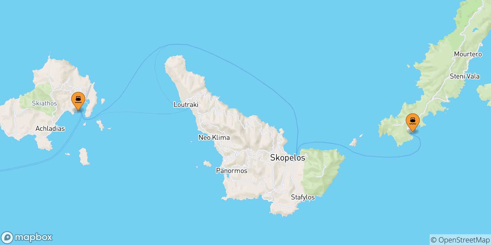 Mappa delle possibili rotte tra le Isole Sporadi e Agnontas (Skopelos)