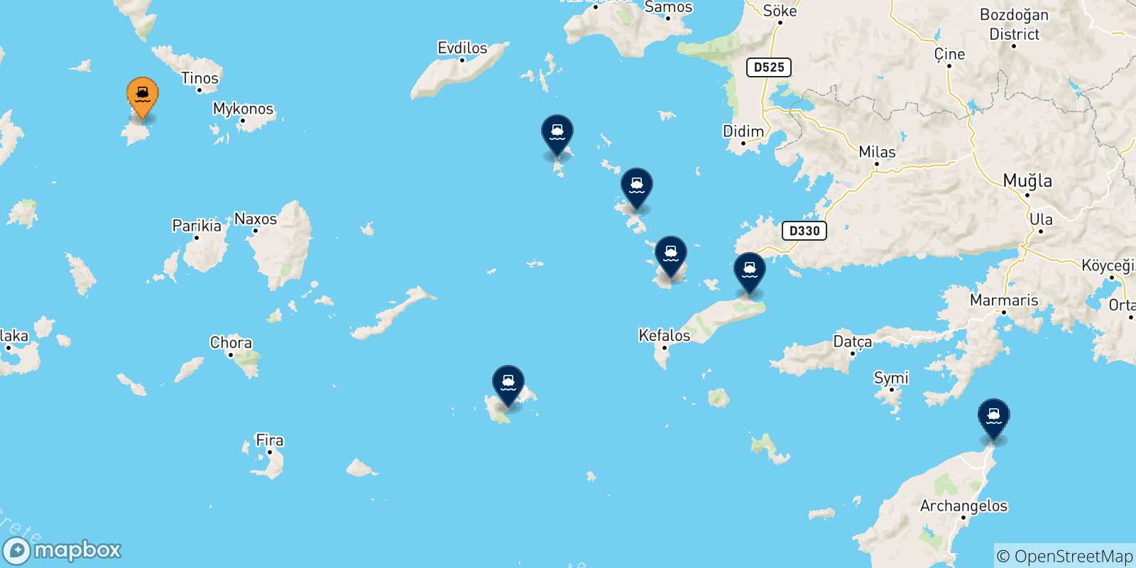 Mappa delle possibili rotte tra Syros e le Isole Dodecaneso
