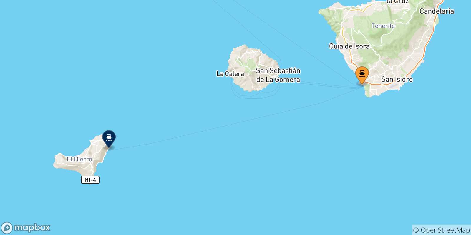 Mappa delle possibili rotte tra Los Cristianos (Tenerife) e la Spagna