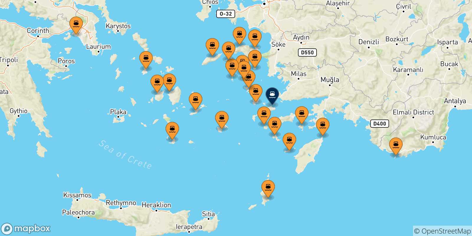 Mappa delle possibili rotte tra la Grecia e Kos