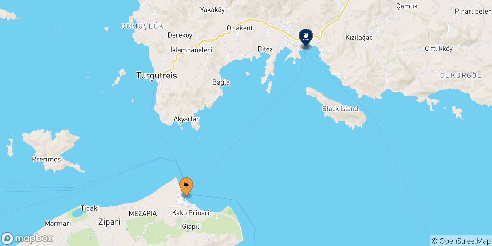 Mappa delle possibili rotte tra Kos e la Turchia