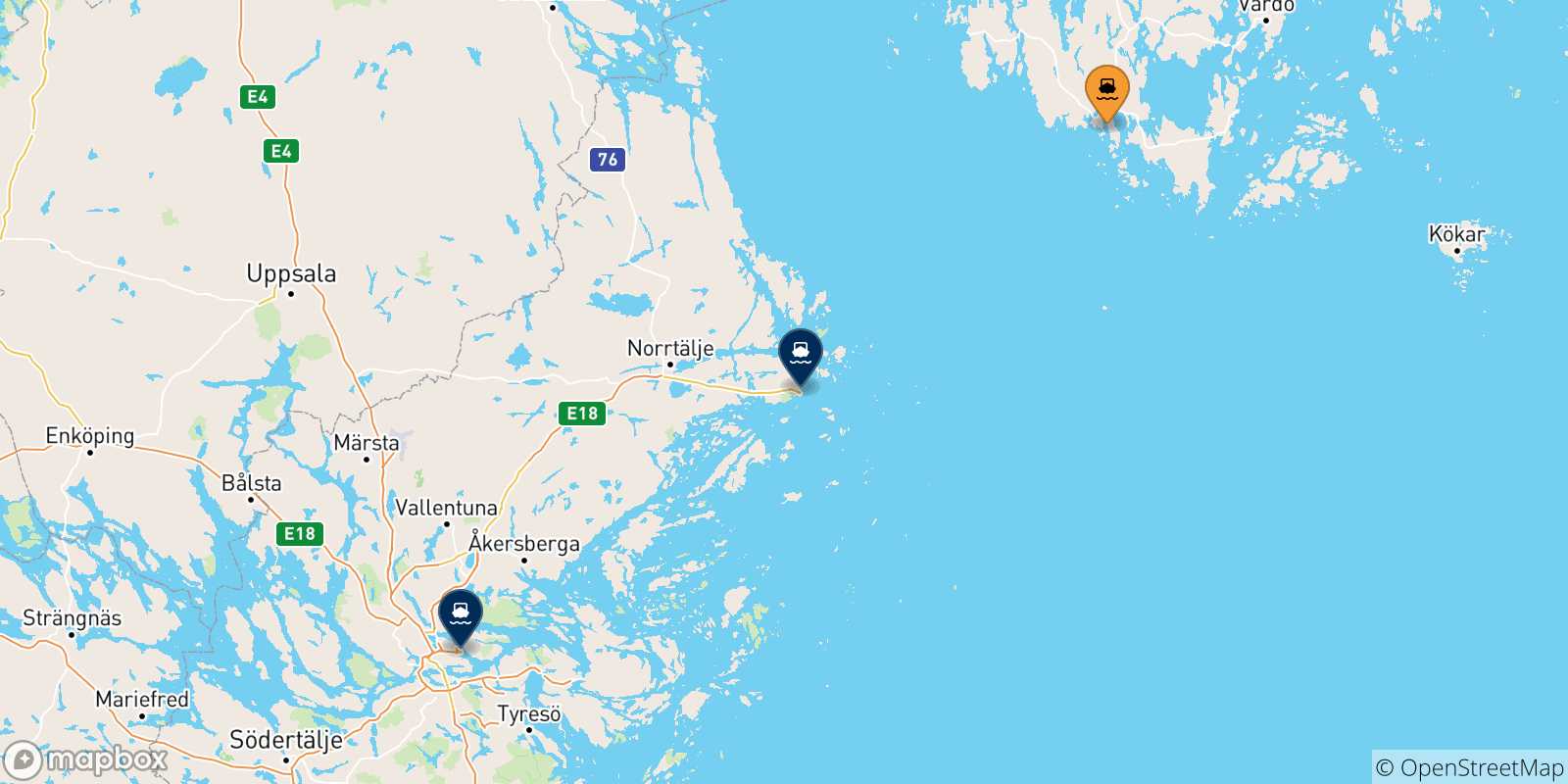 Mappa delle possibili rotte tra Mariehamn e la Svezia