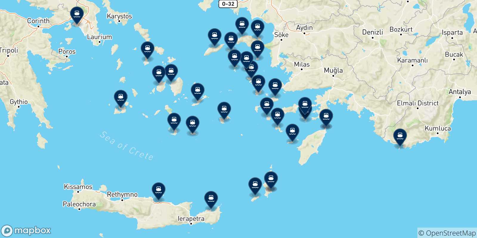 Mappa delle possibili rotte tra Rodi e la Grecia