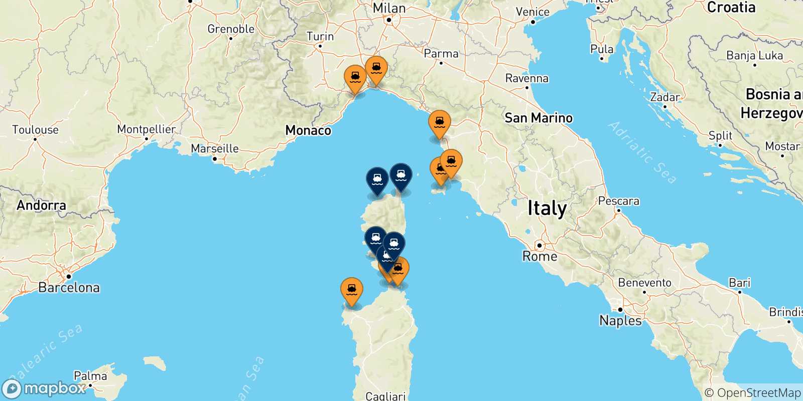 Mappa delle possibili rotte tra l'Italia e la Corsica