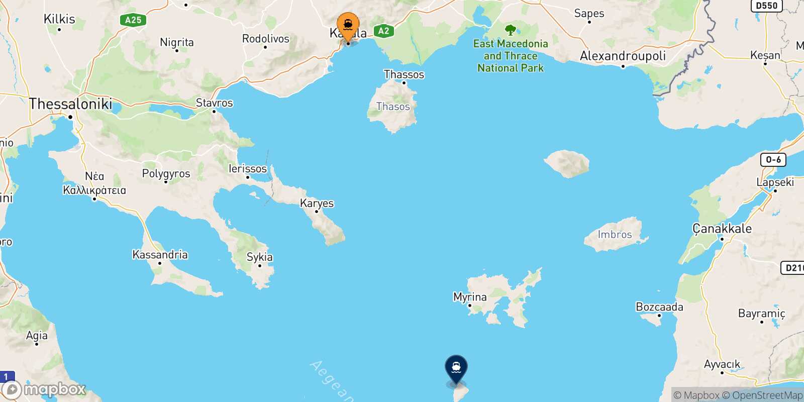 Mappa della rotta Kavala Agios Efstratios