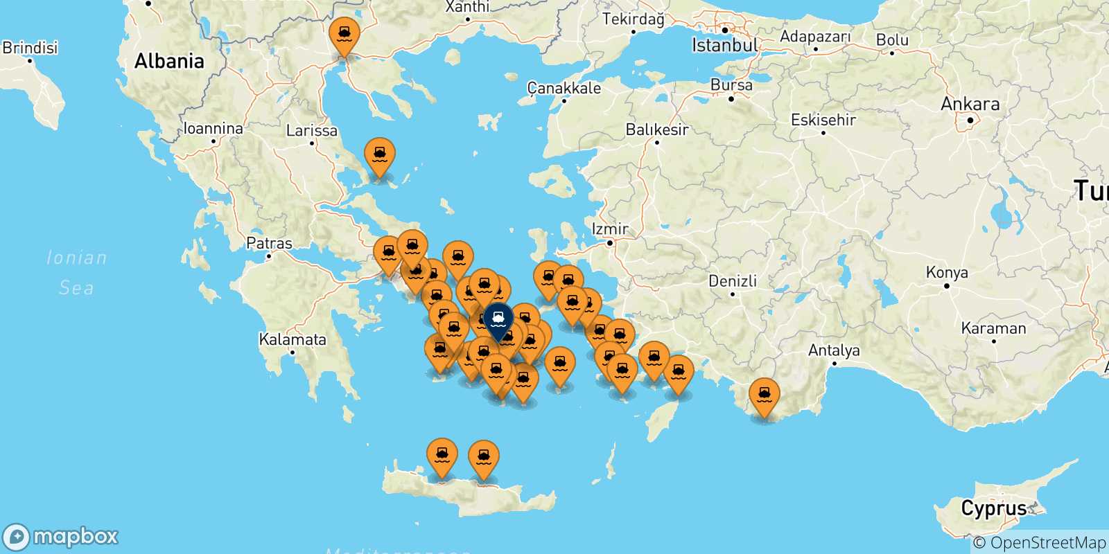 Mappa delle possibili rotte tra la Grecia e Naxos