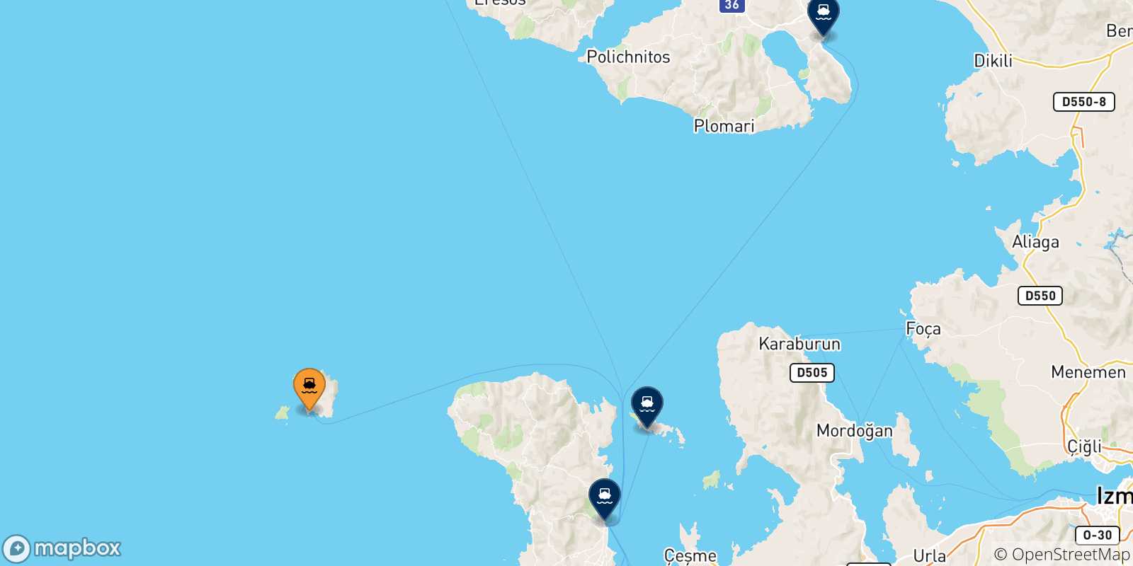 Mappa delle possibili rotte tra Psara e le Isole Egeo Nord Orientale