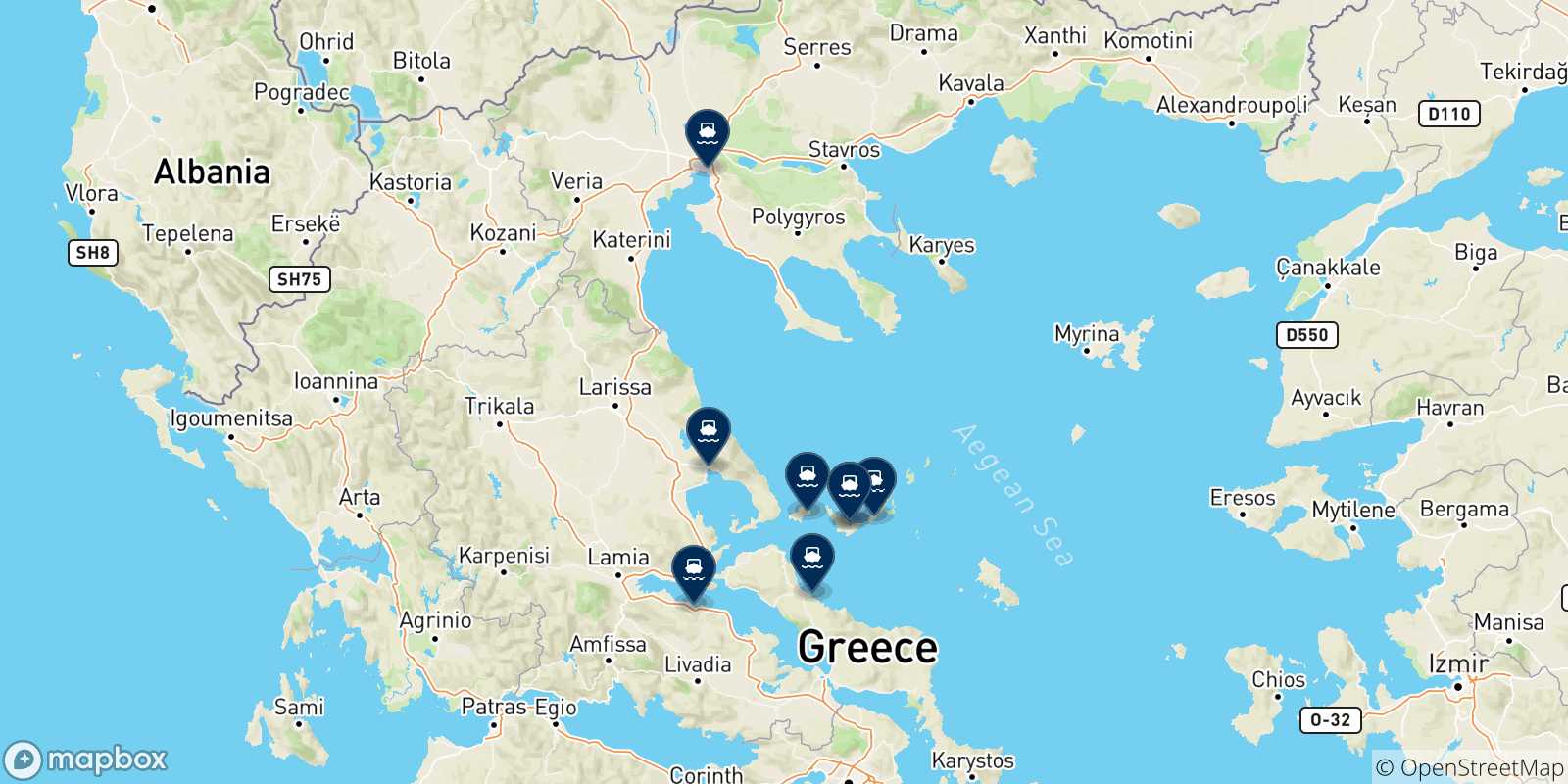 Mappa delle possibili rotte tra Skopelos e la Grecia